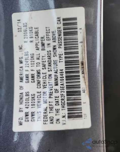 2014 Honda Accord Lx from USA, damaged, VIN 1HGCR2F35EA166484